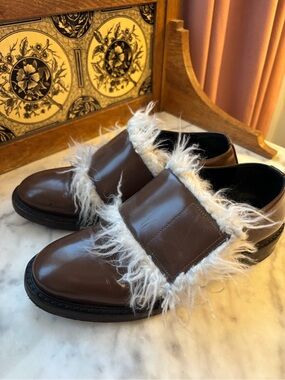 Marni Brown Leather Shoes with Shearling Trim